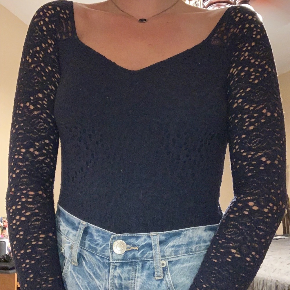 Navy blue lace leotard style long sleeve